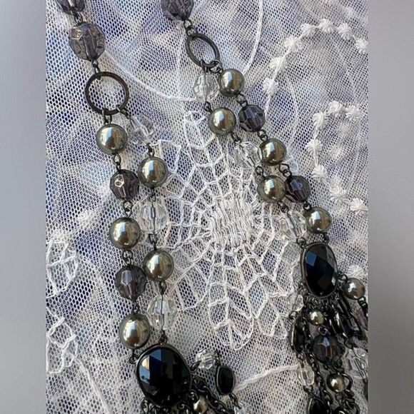 Multi-Layered Black Gunmetal & Silver Multi-strand Beaded Waterfall Necklace - Picture 7 of 12